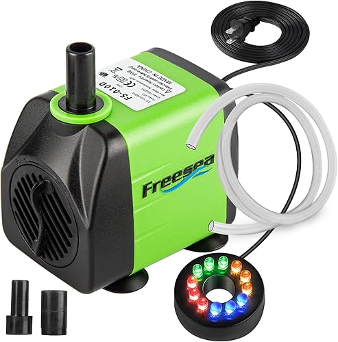 FREESEA Bomba de agua sumergible de fuente Bomba de acuario ajustable de 10 vatios y 160 GPH con luz LED Tubo de 3.3 pies para estanque al aire