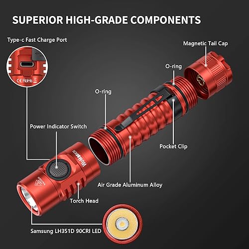 Miniatura 6 de Wurkkos Linterna LED recargable de 1300 lúmenes de alta 90CRI EDC con cable de carga USB C, tapa trasera magnética, modo de memoria para senderismo,