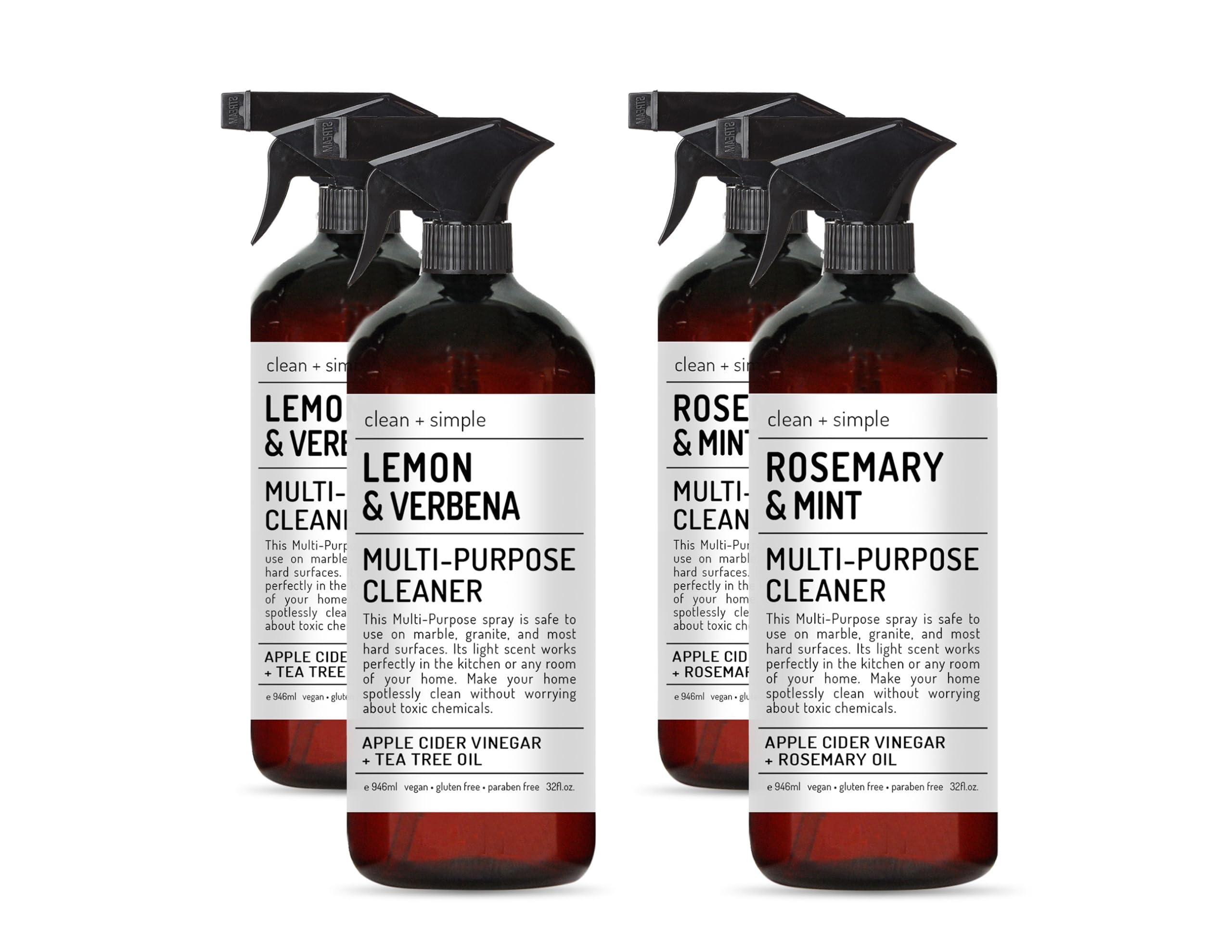 Clean + Simple Multi Purpose Cleaners | With Apple Cider Vineager, Rosemary, And Tea Tree Oil | Set of 4 32oz bottles | Home and Body Company