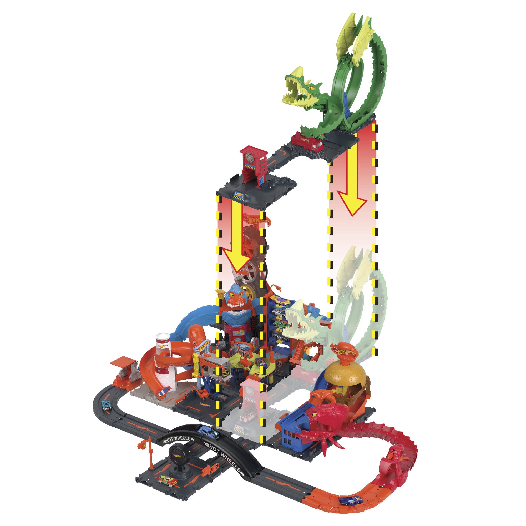 Hot Wheels-Dragone di Fuoco con 1 Veicolo Die-Cast Incluso e Stazione dei Pompieri, Giocattolo per Bambini 5+ Anni, HDP03