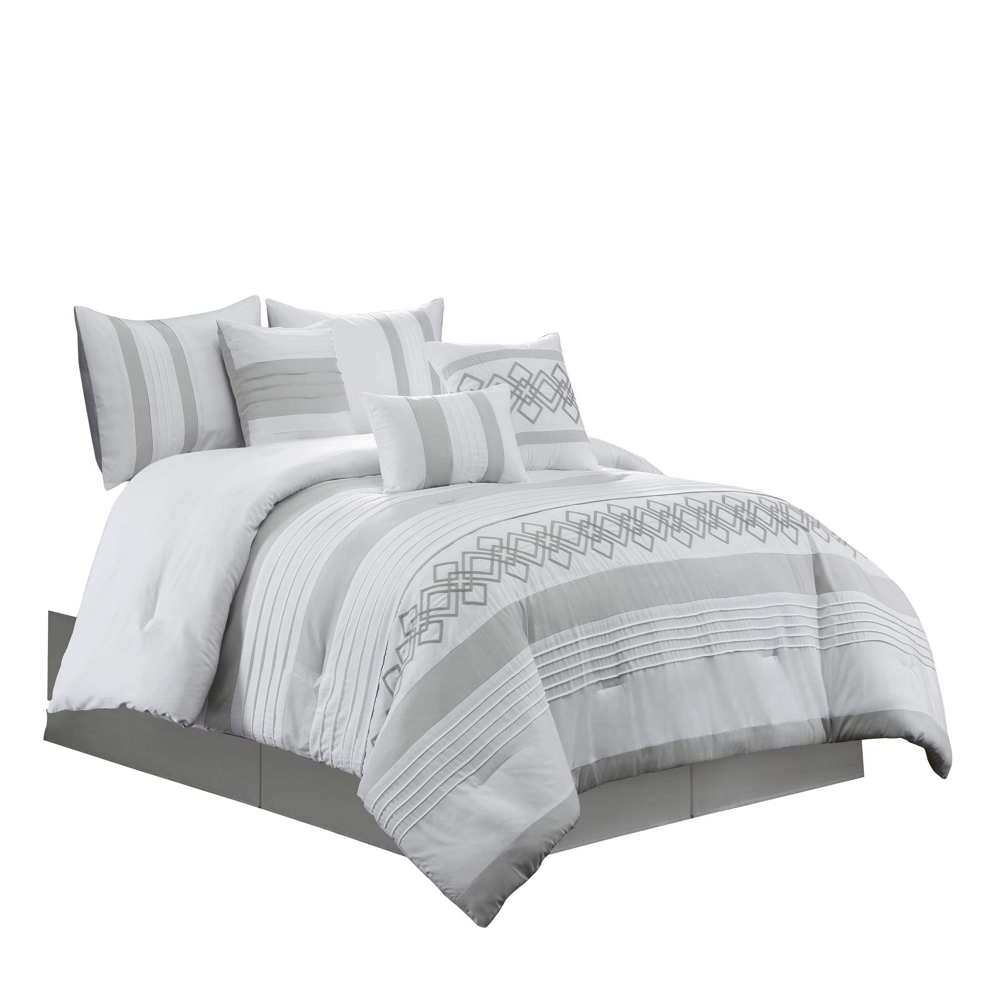 Chezmoi Collection Ariel - Set di biancheria da letto in ciniglia, 7 pezzi, motivo geometrico, ricamato, plissettato, a righe, colore: grigio