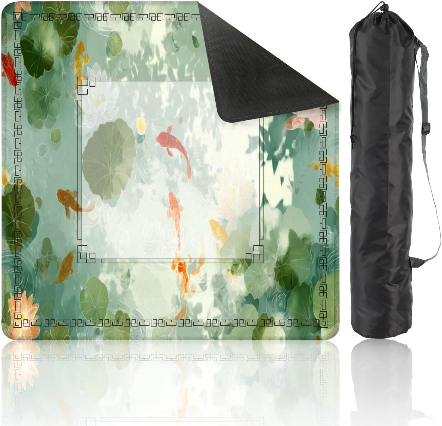 Mahjong Mat 31.5" x 31.5" Watercolor Pond Art Print Lotus Fish Pastel Scene Non-Slip Noise Reduction Mahjong Tiles Table Cover for Dominoes Poker Card Board and Tile Games