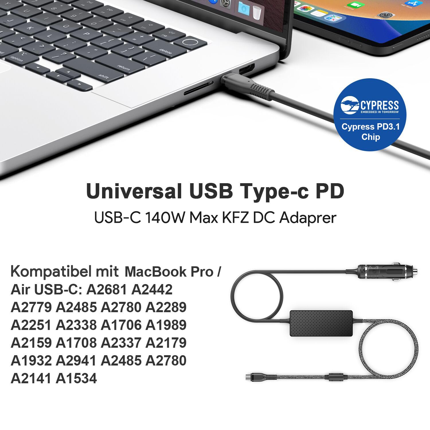 Caricatore USB C da auto 140 W PD3.1 Mini GAN 28 V 5 A Caricatore computer portatile per HP OMEN Transcend 14 Spectre X360 AI Studio Summit E16 AI Studio, HP OMEN MAX Gaming 16, MSI Titan 18 HX