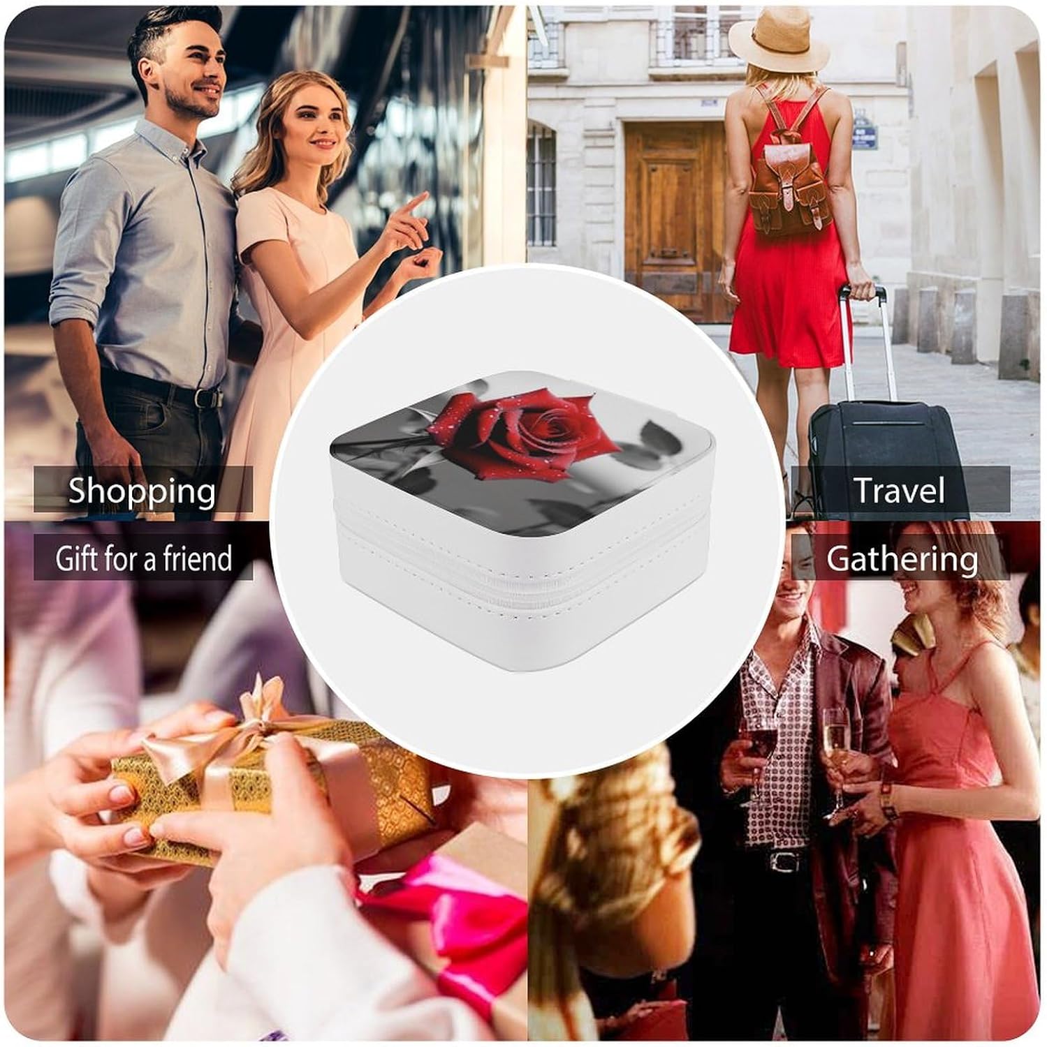 PU Leather Storage Box,Black And White Red Rose Printed Portable Jewelry Box Mini Travel Storage Box Women's Jewelry Storage Rack for Necklace Earrings Bracelets Rings image 5