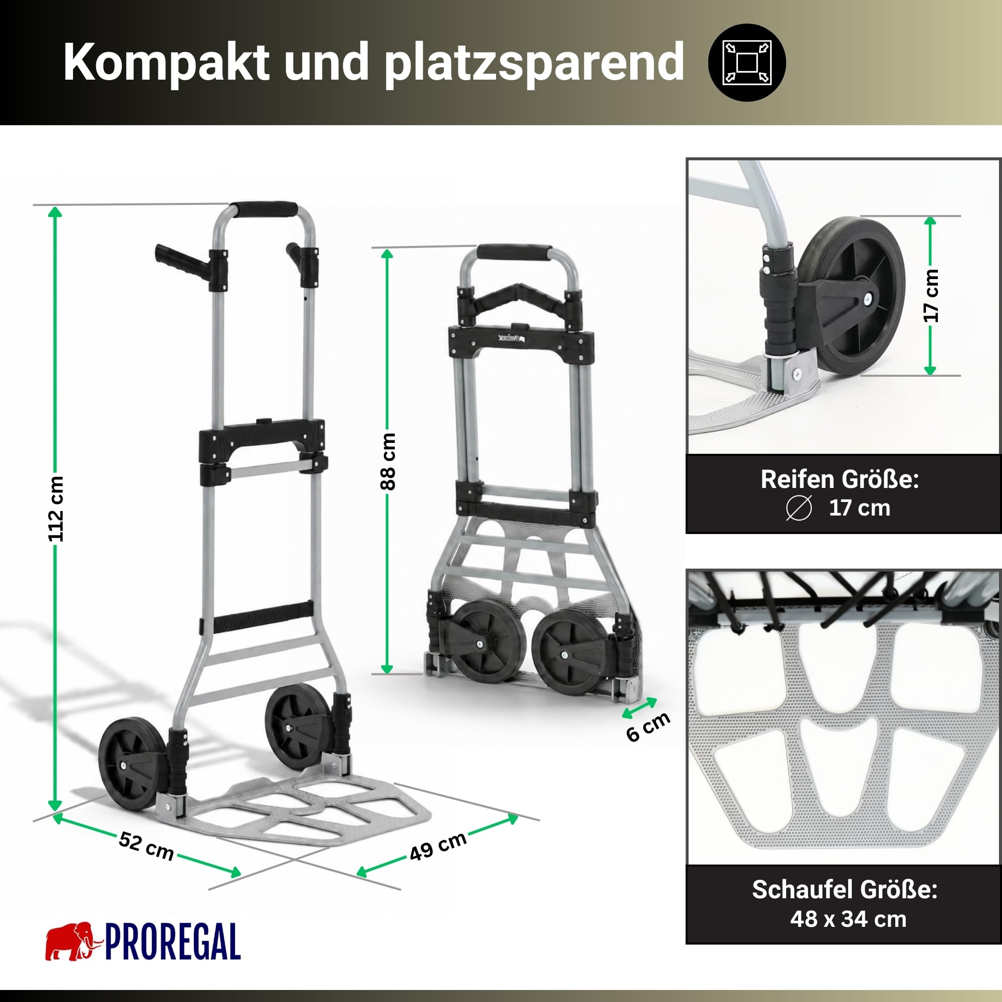 PROREGAL klappbare Aluminium Profi-Sackkarre Elephant | Traglast 150 kg | 6 kg leicht, ergonomische Griffe, Leichtlauf-Vollgummiräder, große Schaufel | Silber | Transportkarre