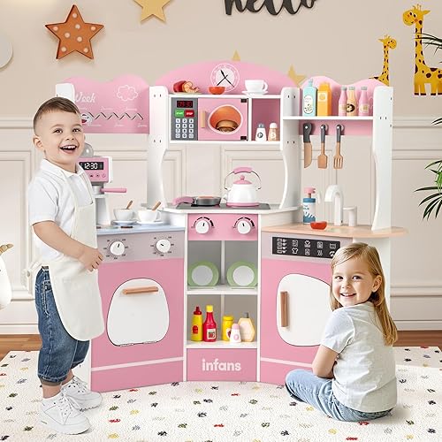 Miniatura 2 de INFANS Juego de cocina esquinera para niños, juego de cocina de madera para niños pequeños con luces, sonidos, lavadora, lavavajillas,