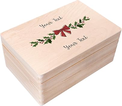Creative Deco Personalized Wooden Storage Box Christmas Box | 11.8x7.87x5.51in +-0.5 | Garland | Hinged Lid Engraving | Unpainted Gift Box | Rough UNSANDED Keepsake Memory Souvenir Chest