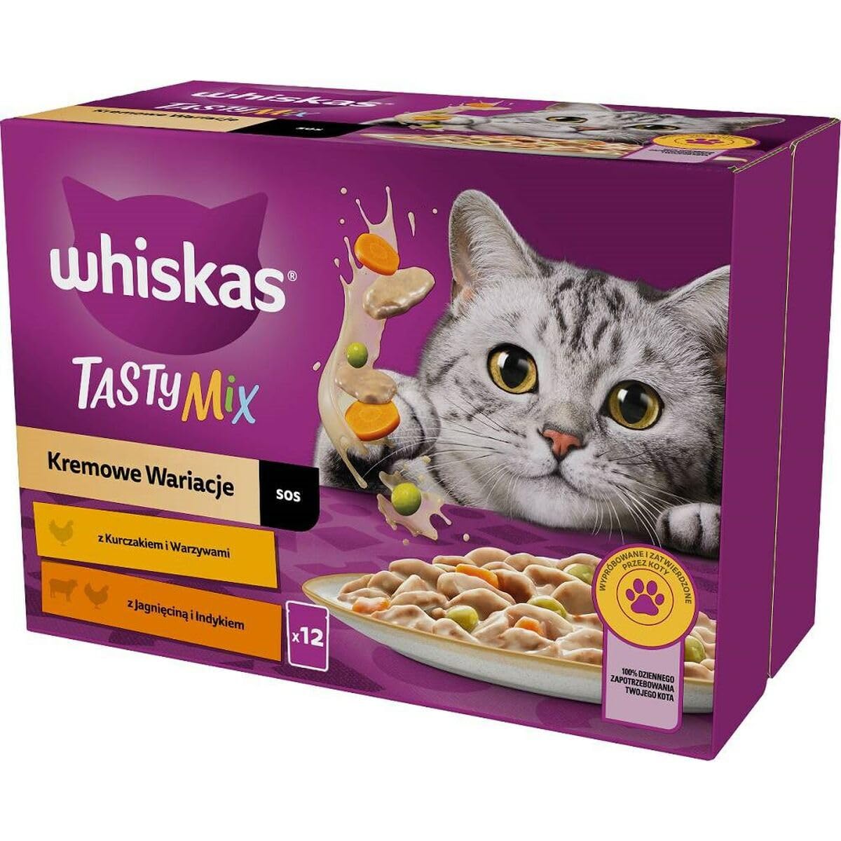 Whiskas Adult 1+ Tasty Mix Creamy Variations Wet Cat Food in Bag with Chicken, Lamb and Turkey in Gravy 12 x 85g Bags Boxed