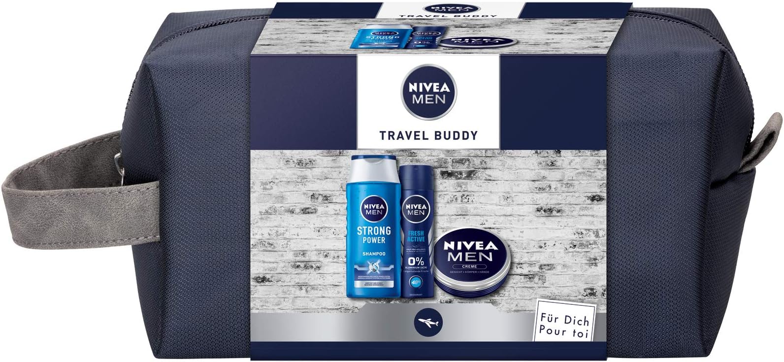 NIVEA Men Travel Buddy Gift Set for Men with Deodorant Spray, Care Shampoo, Moisturising Cream for Face, Hands & Body and Toiletry Bag, (250 ml + 150 ml + 150 ml)