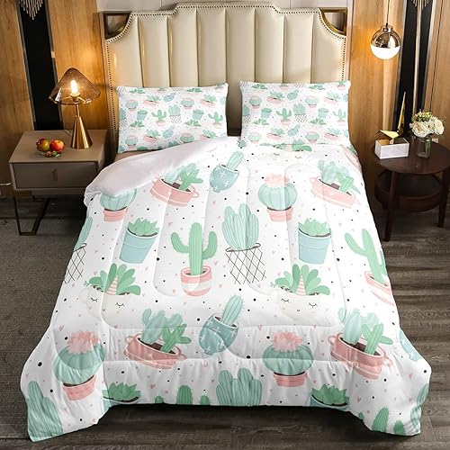 Miniatura 3 de Lindo edredón de cactus para niñas, niños y mujeres, juego de ropa de cama bohemio con suculentas, juego de edredón botánico tropical, color rosa