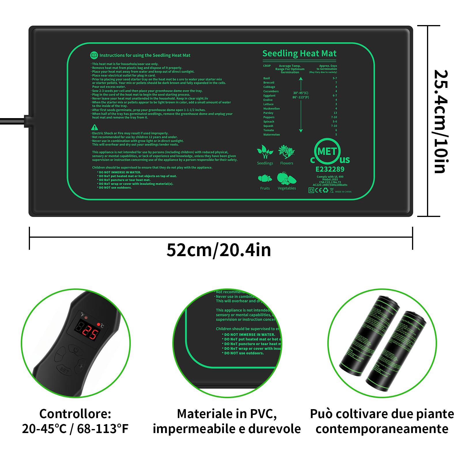 Tappeto Riscaldante, 2 Pezzi 30W con 1 Controllore, Tappetino Riscaldante Regolabile 20–45°C, Impermeabile IP67 e Durevole, Dimensione 20×10 inch, per Germinazione Semi e Rettili