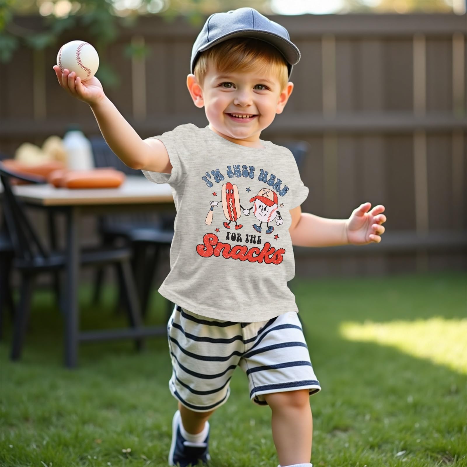 Toddler Boy Baseball Shirt I'm Just Here for The Snacks T Shirt Funny Hot Dog Graphic Tee Short Sleeve Summer Tops(Gray,2-3T(90))