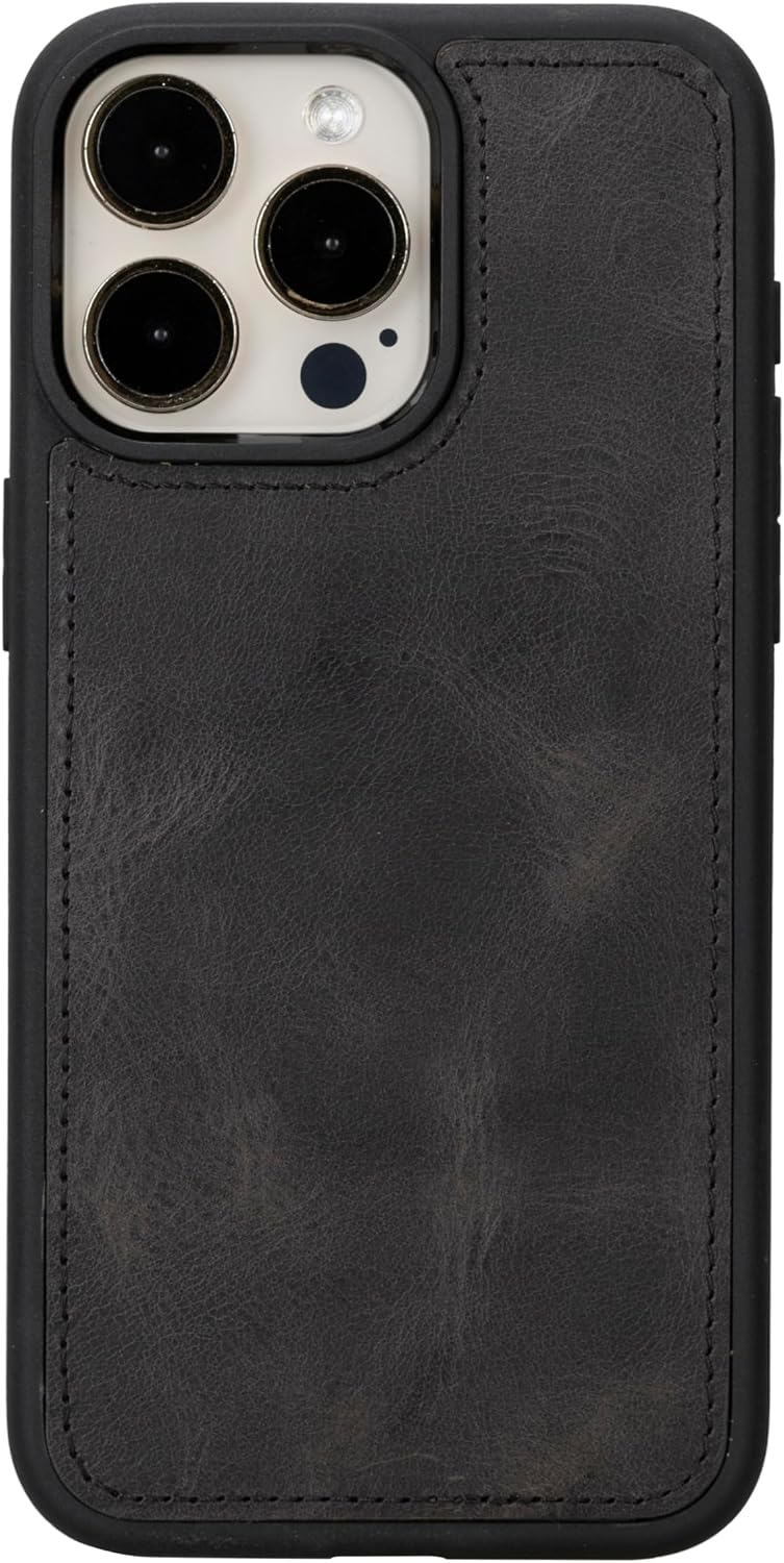 HARDISTON Genuine Premium Leather Handmade Wallet Case for iPhone 15 Pro Max - MagSafe Compatible - Double Folio Card Holders - Detachable Magnetic Flip Cover - Horizontal Kickstand (Black)