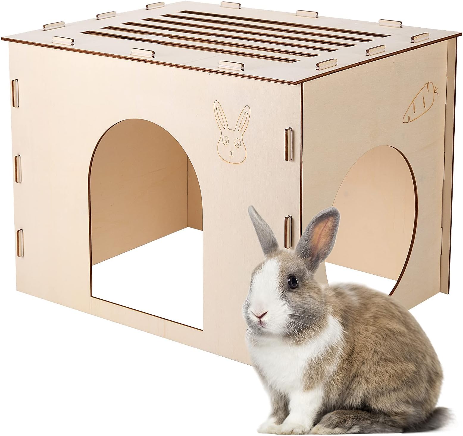 Woiworco Wooden Rabbit Hideout Castle for Easter Day, Rabbit Houses and Hideouts, Wooden Rabbit Bunny Hideout for Indoor Bunnies Chinchilla, Hamsters and Guinea Pigs Hut to Hide