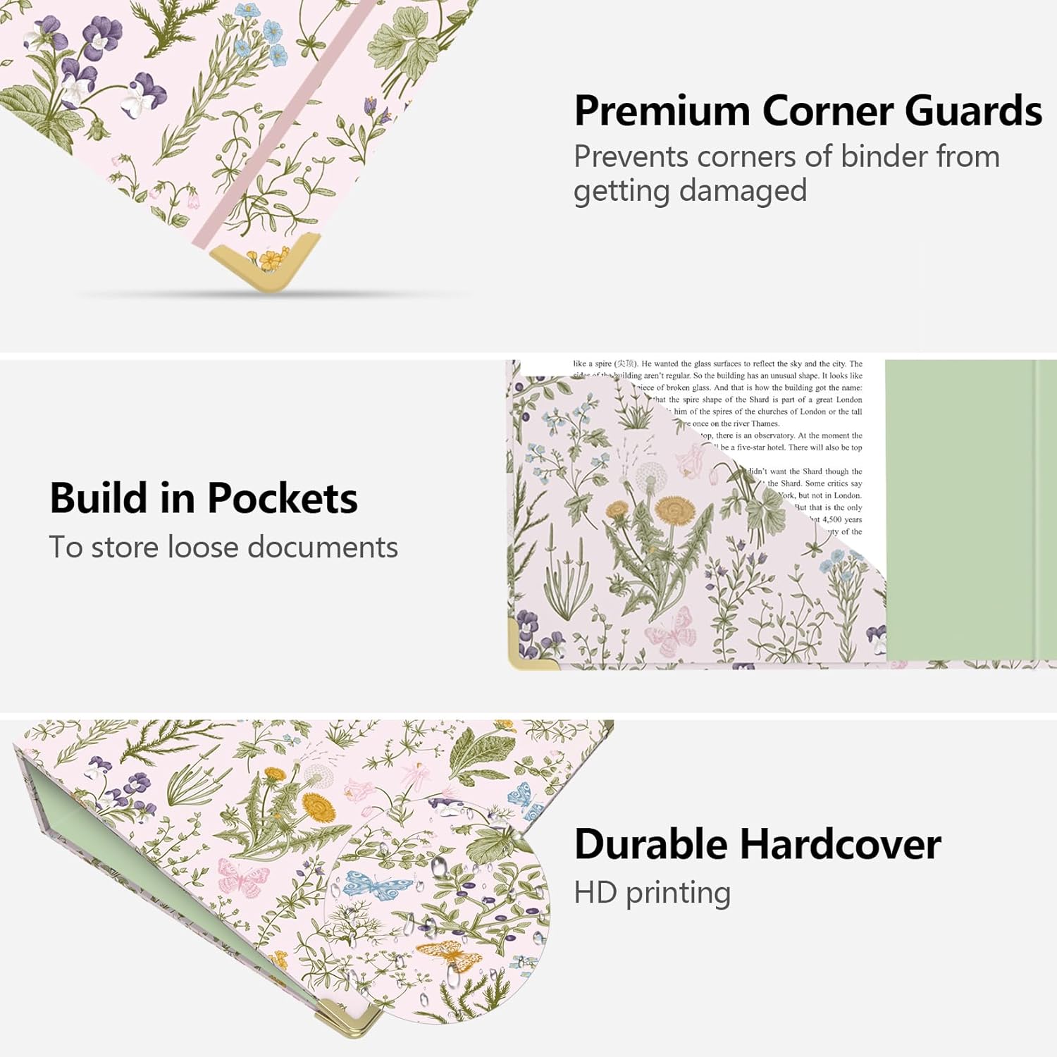 3 Ring Binder 3 Inch, Cute Round Ring Binders with 6 Tab Dividers, Labels Stickers, Low Profile Clipboard with Storage, Fashion Binder School Office Supplies(Wild Flowers)