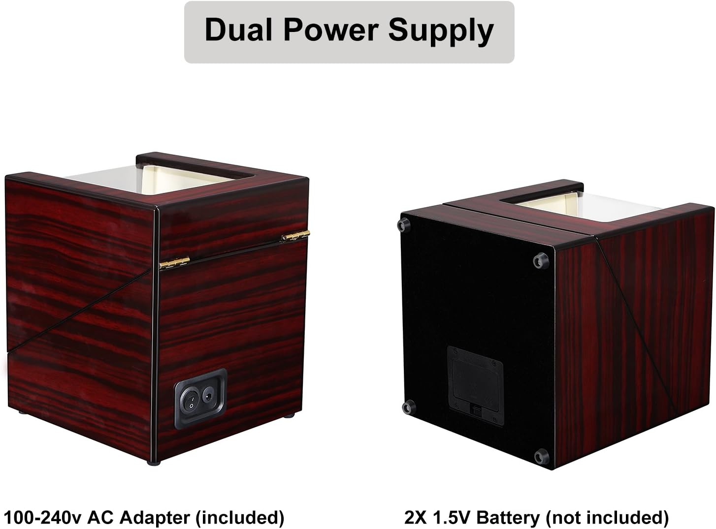 Zadní view of the SONGMICS Double Watch Winder UJWW11RD showing the dual power supply options: AC adapter port and battery compartment.
