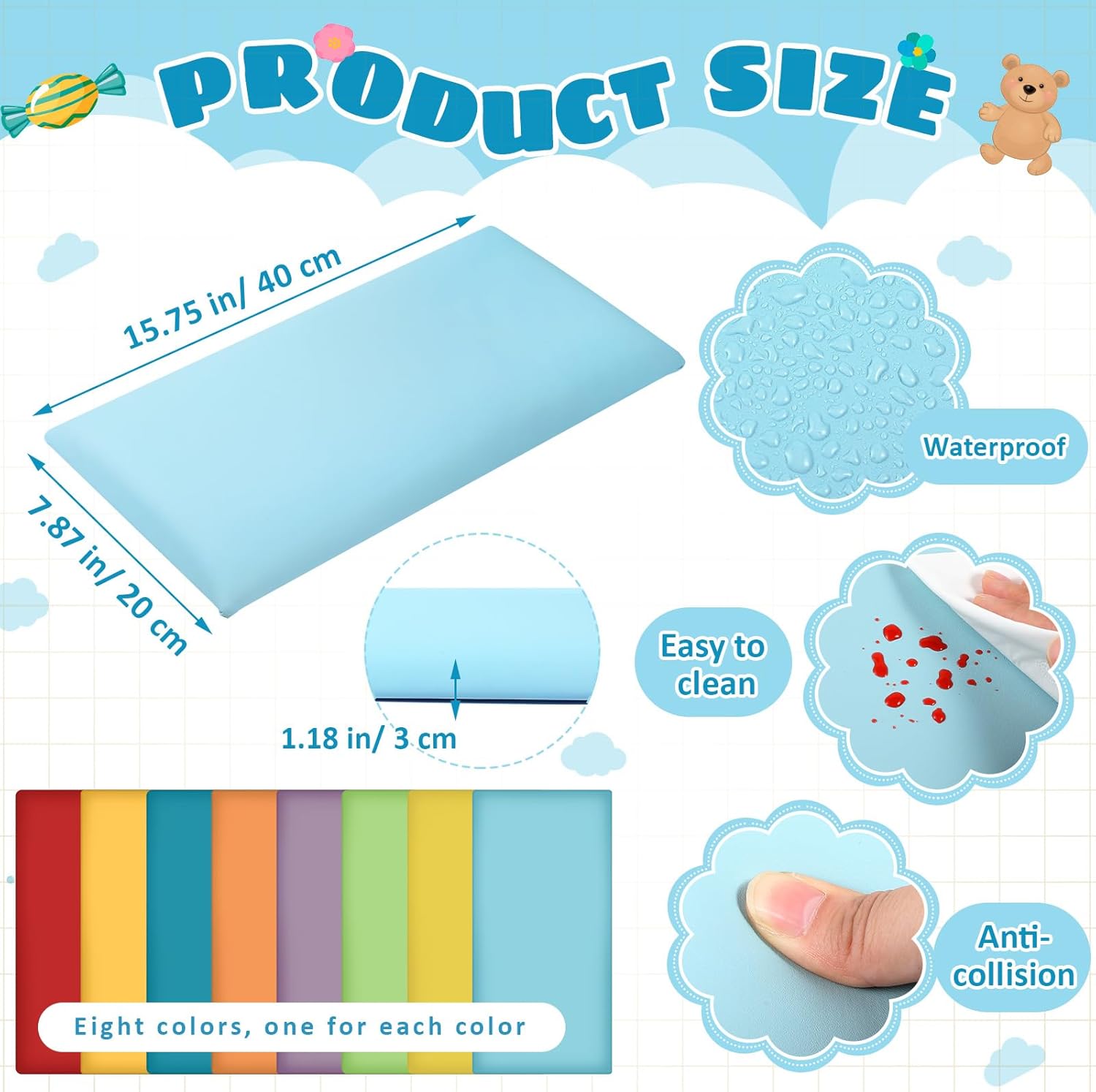 Hahafelt 8 Pack Wall Padding for Playroom Peel and Stick Headboard 15.75" x 7.87" x 1.18" 3D Anti Collision Upholstered Wall Panels Self Adhesive Headboard Panel for Protection (Rainbow Colors) 15.75" x 7.87" x 1.18" Rainbow Colors 8