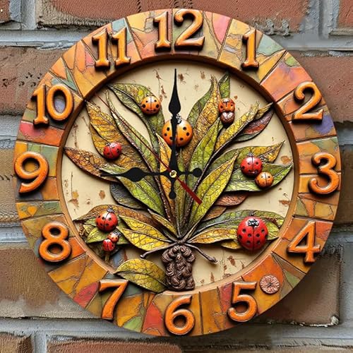 1pc Wooden Silent Wall Clock 10 * 10inch Rustic Ladybug Wall Clock with Autumn Leaves, Handcrafted Ceramic Art for Home Decor, Nature-Themed Timepiece (COLOR1)