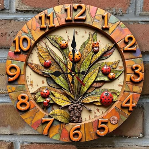 1pc Wooden Silent Wall Clock 10 * 10inch Rustic Ladybug Wall Clock with Autumn Leaves, Handcrafted Ceramic Art for Home Decor, Nature-Themed Timepiece (COLOR1)