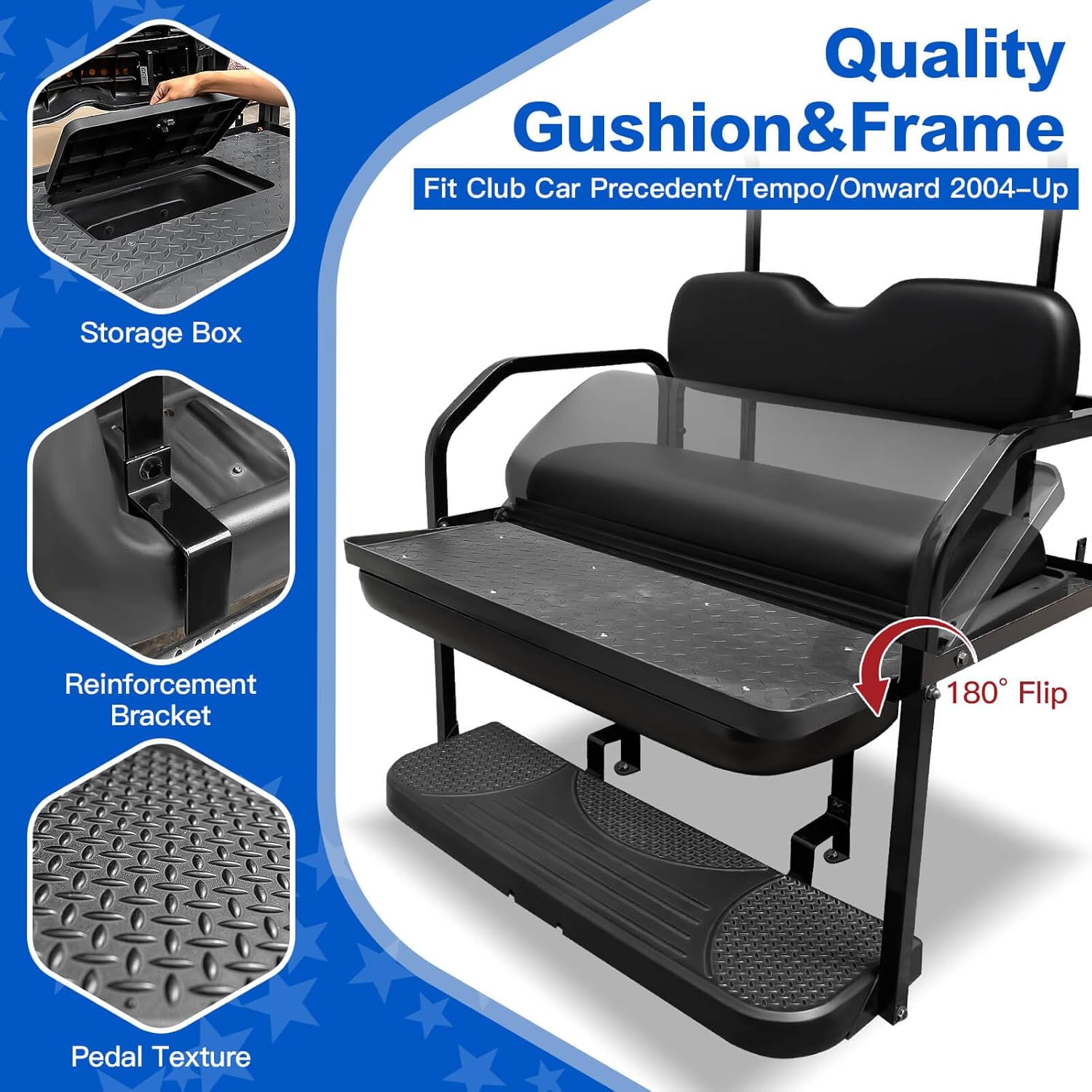 NOKINS Golf Cart Rear Seat Kit, Back Flip Seat for Club Car Precedent/Tempo/Onward 2004-Up, 1.25-Inch Square Steel Frame, Integrated Seat Belt Mounts, UV-Resistant, High-Density Foam Padding(Black)