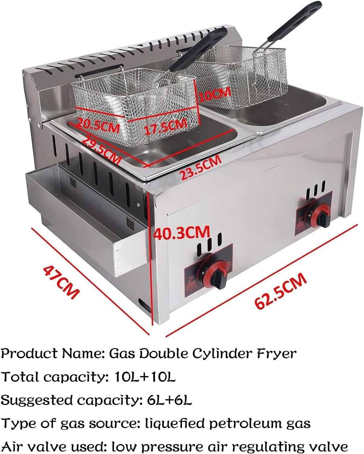 Freidora de gas, acero inoxidable, 10 L, potencia de fuego ajustable, incluye cestas y tapas, perfecta para patatas fritas y donas, adecuada para uso doméstico y comercial