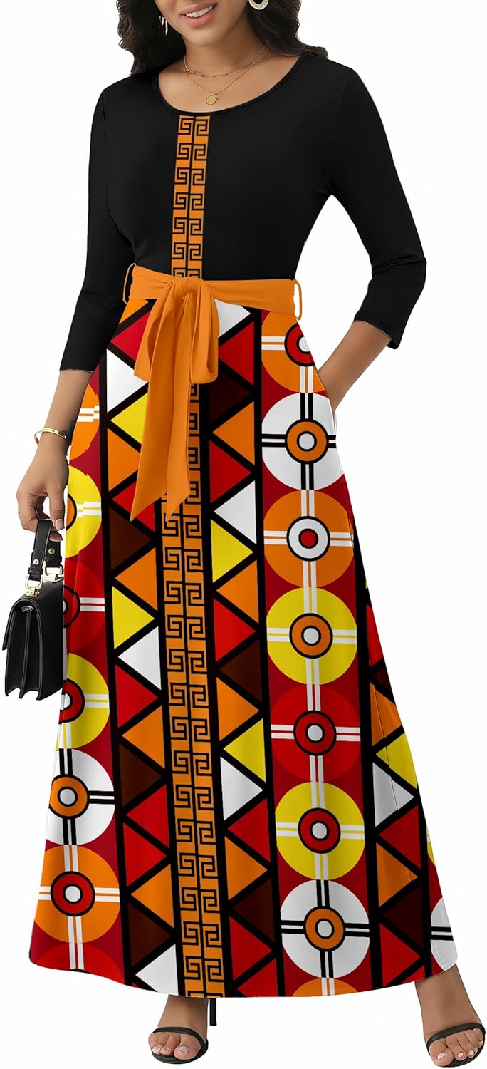 FANDEE Long Dress for Women Casual African Print Empire Waist Maxi Dresses for Wedding Guest, Church, M-3XL