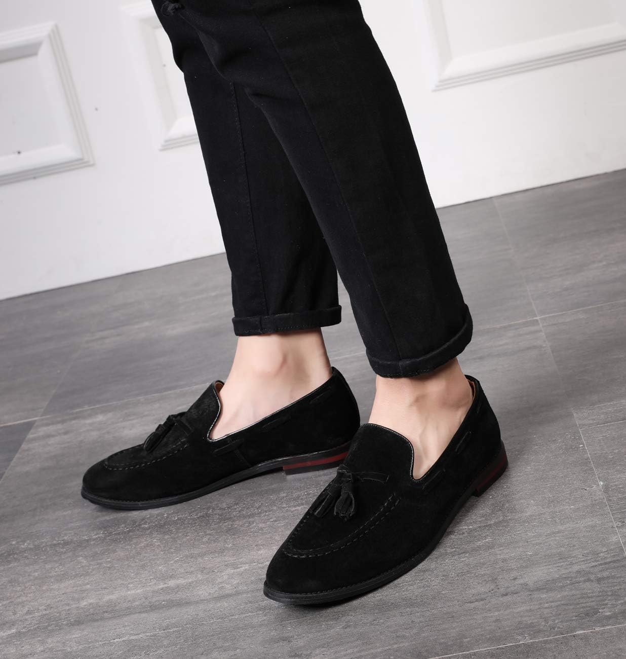 Santimon Mens Fashion Shoes Casual Dress Tassel Slip on Driving Flats Suede Loafers Black Brown Tan - Image 3