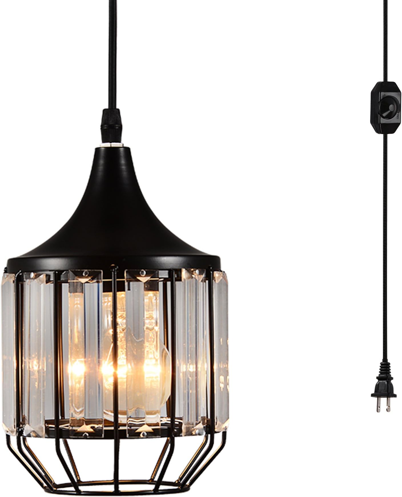Airposta Creatgeek Plug-in Dimmable Crystal Pendant Light with 16 Ft Cord and in-Line On/Off Dimmer Switch for Kitchen Island, Dining Room, Black Antique Metal Finish