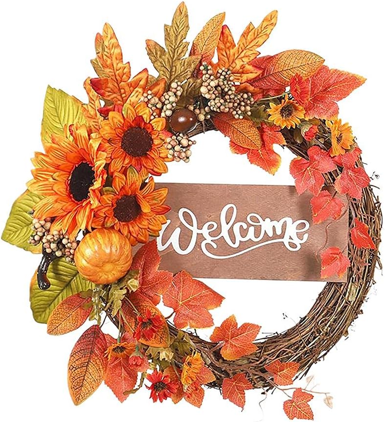 MINGZHE Artificial Autumn Fall Wreath Simulation Maple Leaf Pumpkin Sunflower Halloween Garland Rattan Garland for Autumn Decoration, Artificial Fall Decorations for Home for Indoor Outdoor(15.7in)
