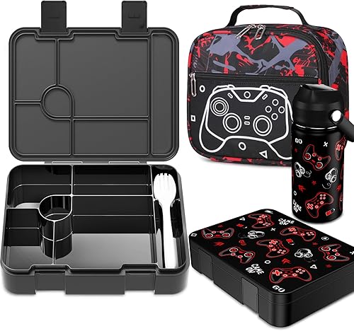 Bevalsa Lonchera Bento para niños con 6 compartimentos, botella de agua de metal de acero inoxidable, bolsa aislada y utensilios, contenedor de