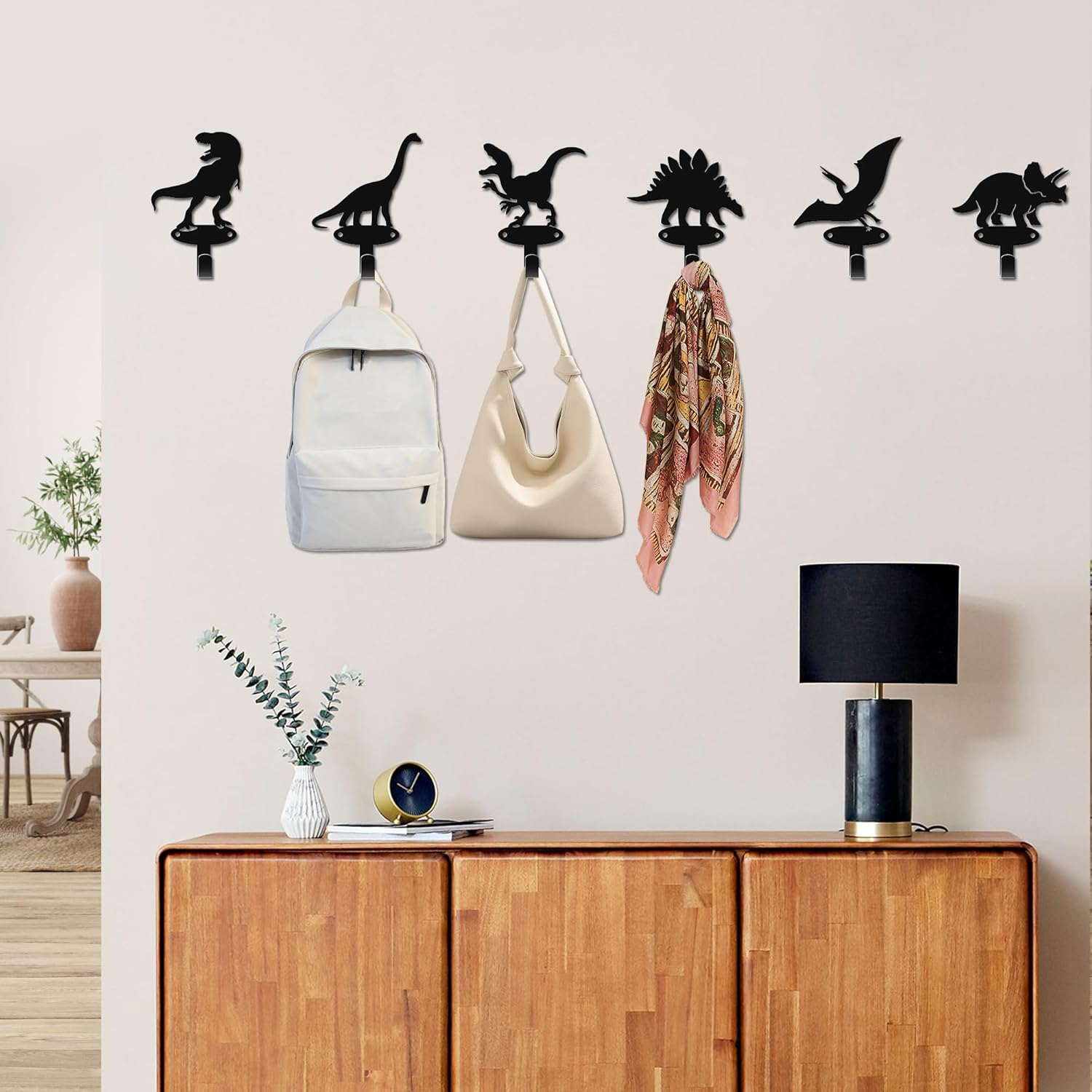 Dinosaur Silhouette Shape Coat Hooks - Set of 6 Black Metal Dinosaur Wall Hooks for Bedroom, Entryway, Playroom Kids Room Decor & Organizer