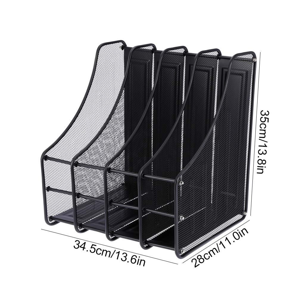 Organizer per portadocumenti in metallo con 4 slot, supporto verticale per ufficio, scrivania, casa, nero, 28x34,5x35 cm
