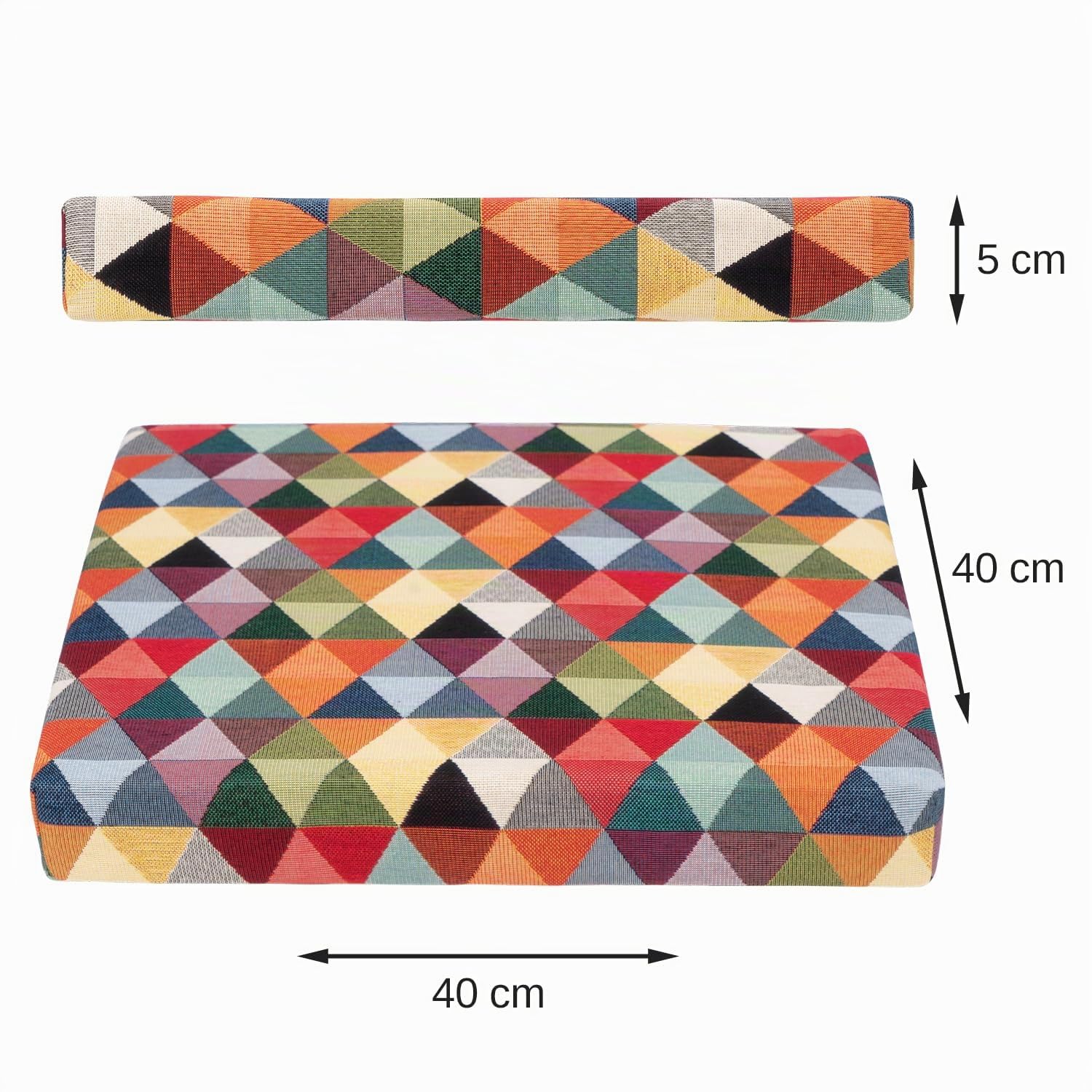 Selfitex 2er Set buntes Sitzkissen 40x40 mit gewebtem Qualitätsbezug, Sitzerhöhung (Höhe 5 cm) für bequemes und aufrechtes Sitzen, Schaumstoff Stuhlkissen, Sitzpolster für Guten Sitzkomfort (Dreieck)