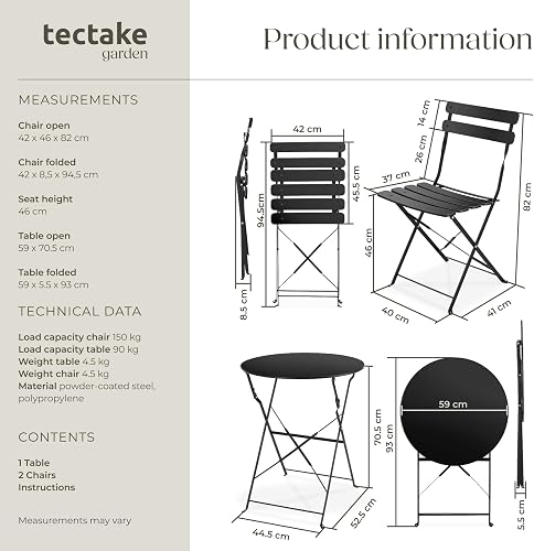 tectake® Bistro Set with 1 Garden Table & 2 Chairs, Foldable Design with Stylish Slats, Steel Frame, Floor-Protective & Non-Slip Feet, No Assembly - Garden Furniture for Patio & Balcony - Black - 6
