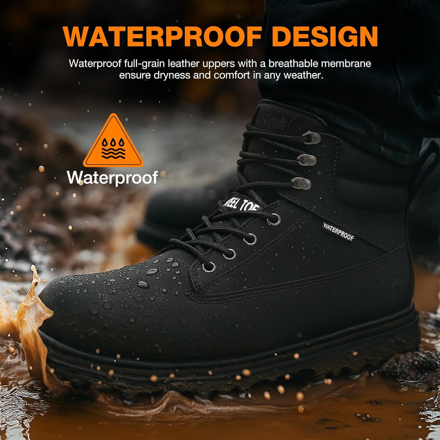 NINGO Waterproof Steel Toe Work Boots for Men, 6" Non Slip Comfortable Leather Workboots, Mens Safety Construction Shoes for Outdoor Industrial - Image 5