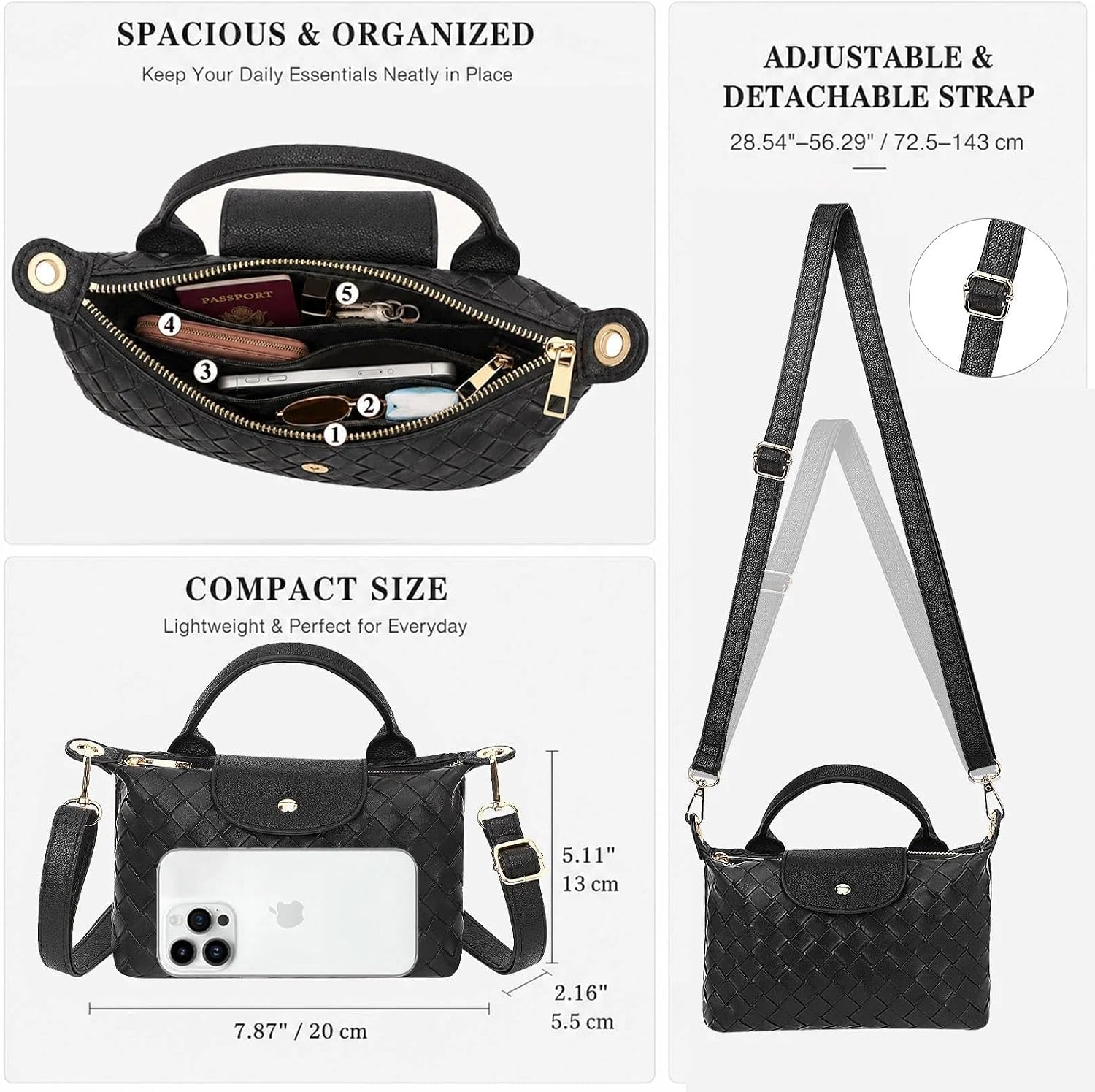 Woven Crossbody Bag, Small Black Weave Mini Tote Bag, Designer Crossbody Bags for Women image 5