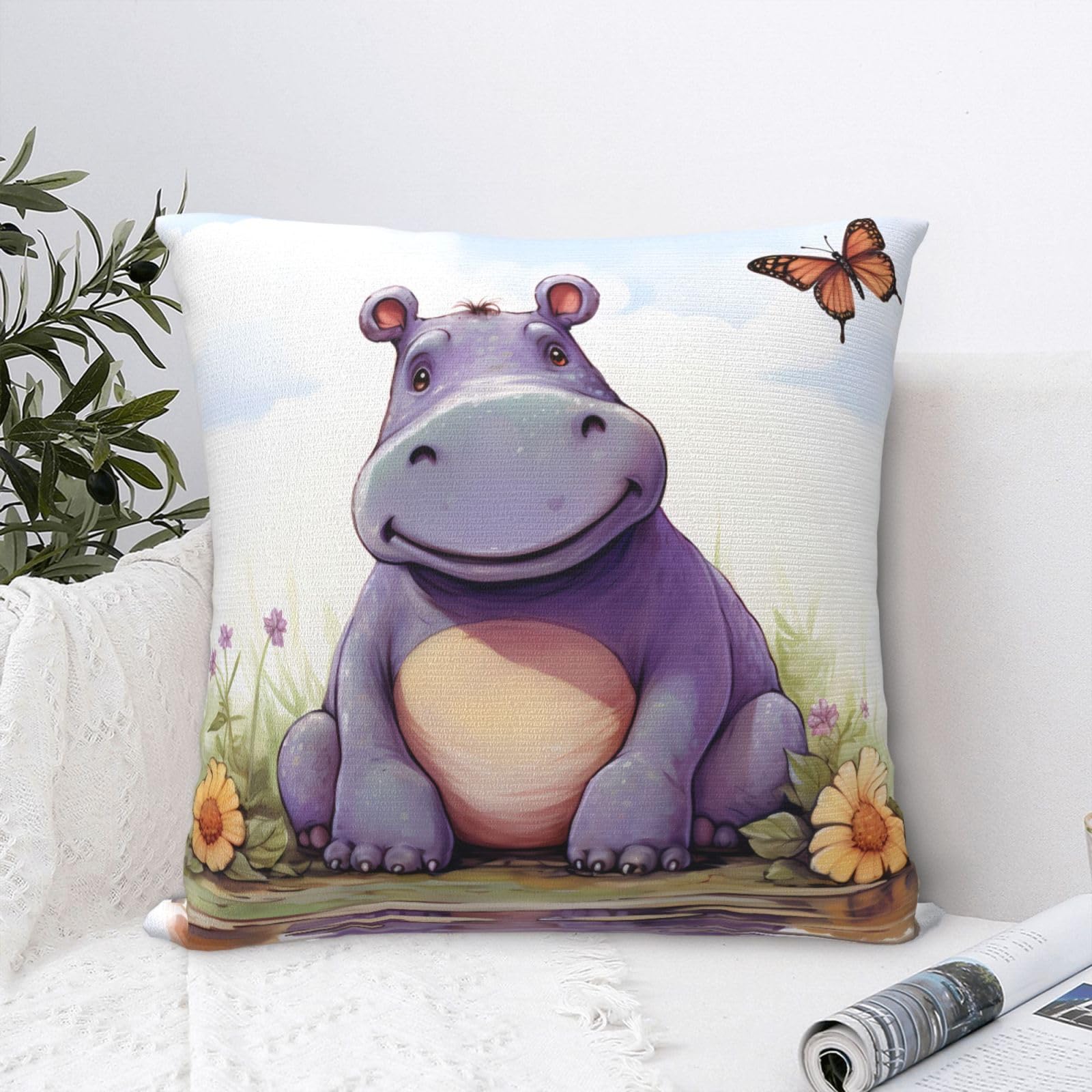 FodPand Luxury Velvet Throw Pillow Covers 24"x24" Super Soft Decorative Pillow Cases - Butterfly and Hippo Pillowcases Modern Lumbar Cushion Cases for Couch Sofa Bed Pillow Shams