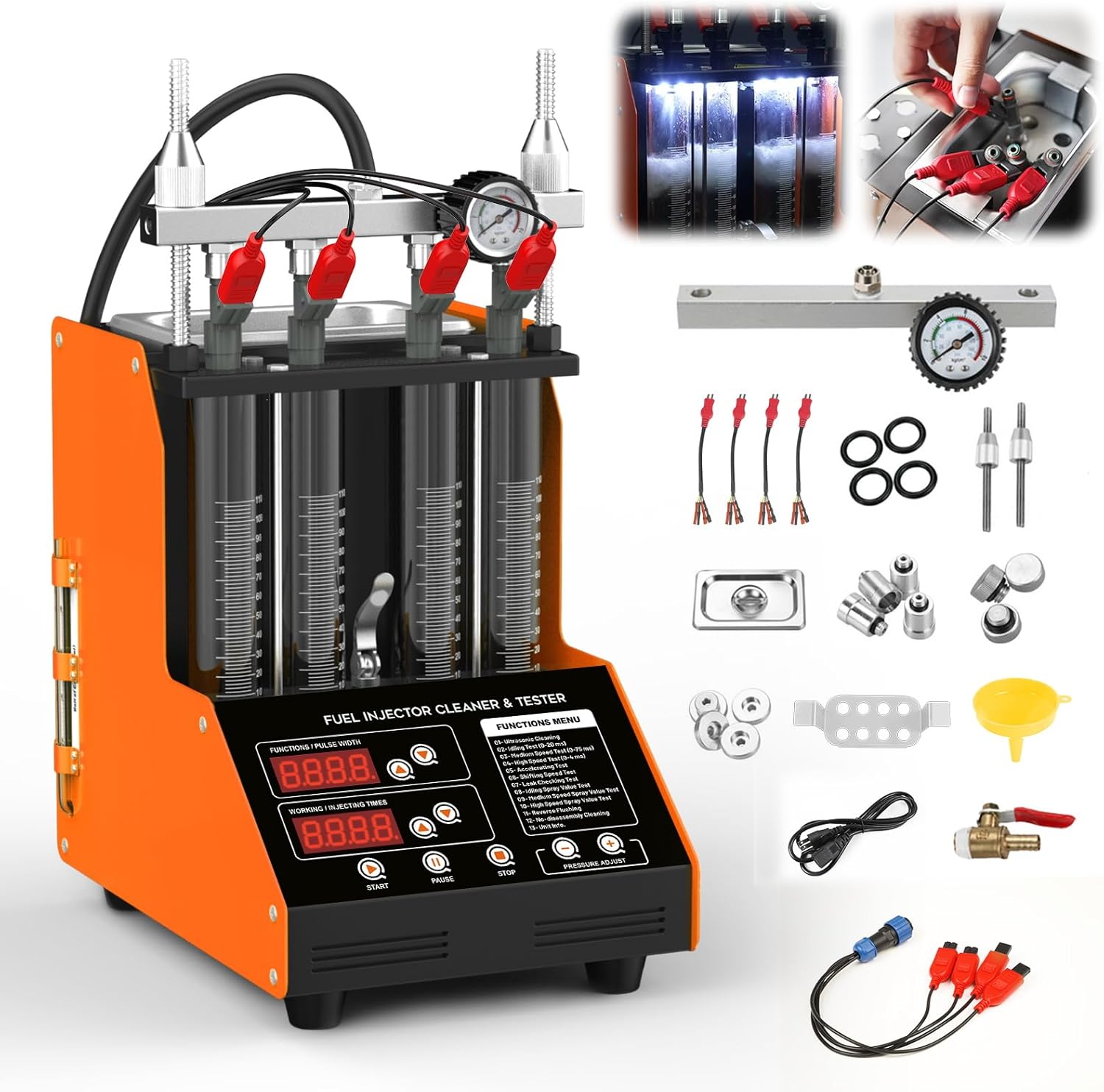 Fuel Injector Cleaner Machine 4 Cylinder Ultrasonic Fuel Injector Cleaner Tester 9 Test Modes Auto Fuel Injector Cleaner Tester Kit for 5V&12V Motorcycle Car Injectors