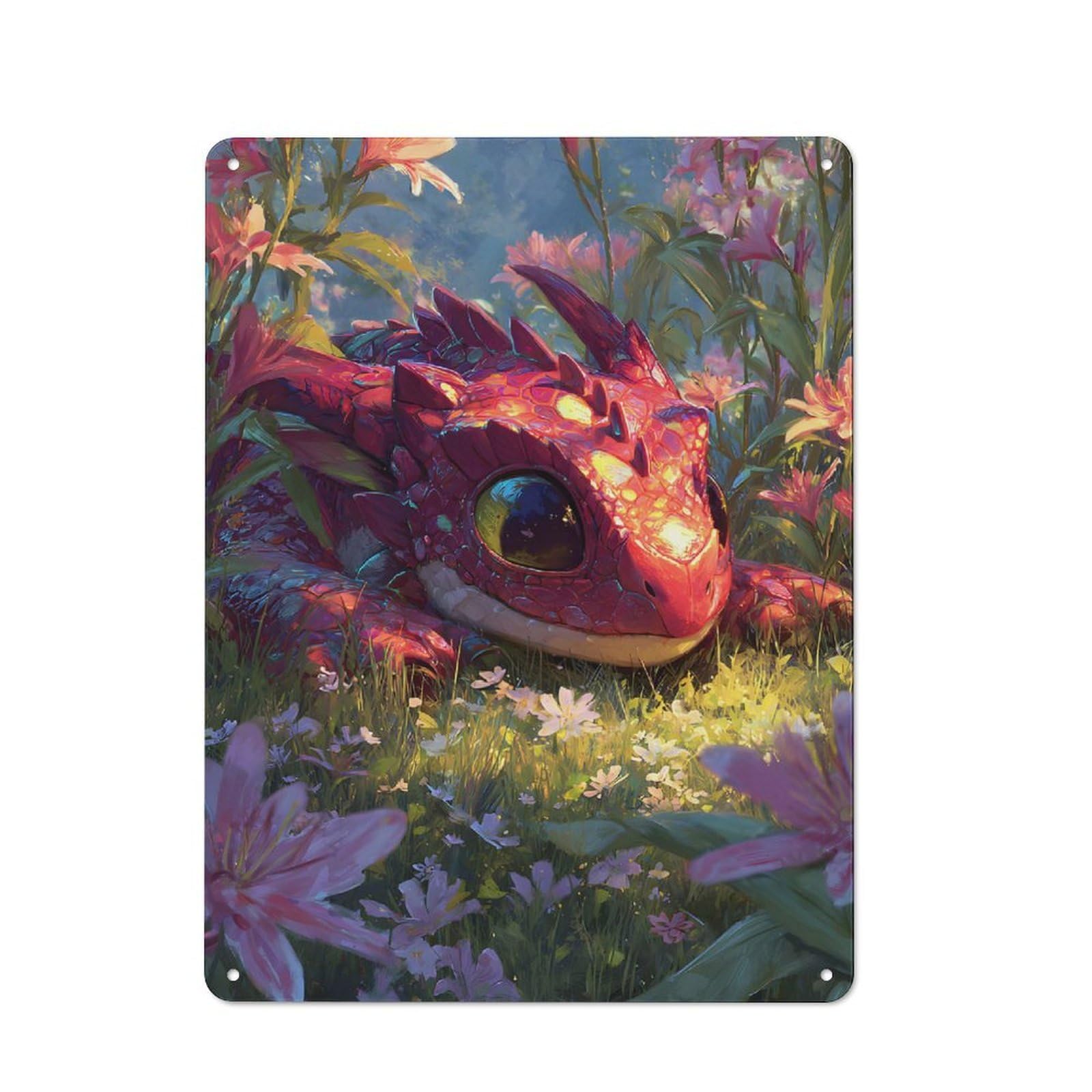 Junmoney Style-23 Modern Vintage Cute Red Dragon In Flower Meadow Office Metal Sign 40X30cm, Creative Space Decor For Home Office, Reading Corner Or Bedroom