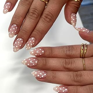 Ceboic 24PCS Nägel Zum Aufkleben Mittel Mandel, Weiße Punkte French Press on Nails, Natürlich Nude Kunstnägel Fake Nails, Ballerina Künstliche Fingernägel, Full Cover Acryl Falsche Nägel für Frauen