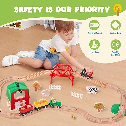 Miniatura 6 de Giant bean Juego de tren de granja de madera de 42 piezas para niños pequeños, funciona con pilas, vía de tren con puente, granero, animales, carga