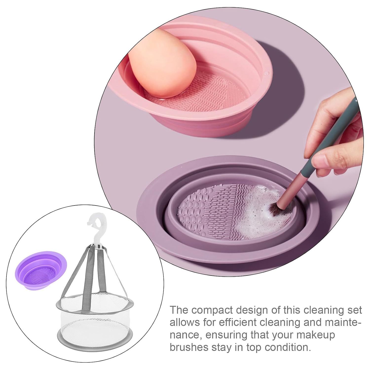 Silicone Makeup Brush Cleaning Bowls 2pcs Set Folding Design and Drying Rack, Purple and Gray Cosmetic Brush Cleaner for Professional and Home Use
