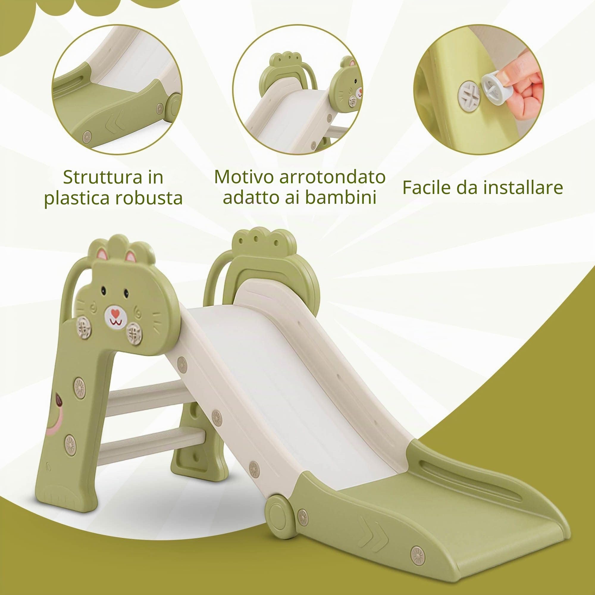 Scivolo per Bambini da Esterno e Interno Pieghevole 1-4 Anni - Certificato CE, Struttura Stabile, Gradini Antiscivolo, Montaggio Rapido, Salvaspazio, 112x49x55 cm, Verde/Bianco