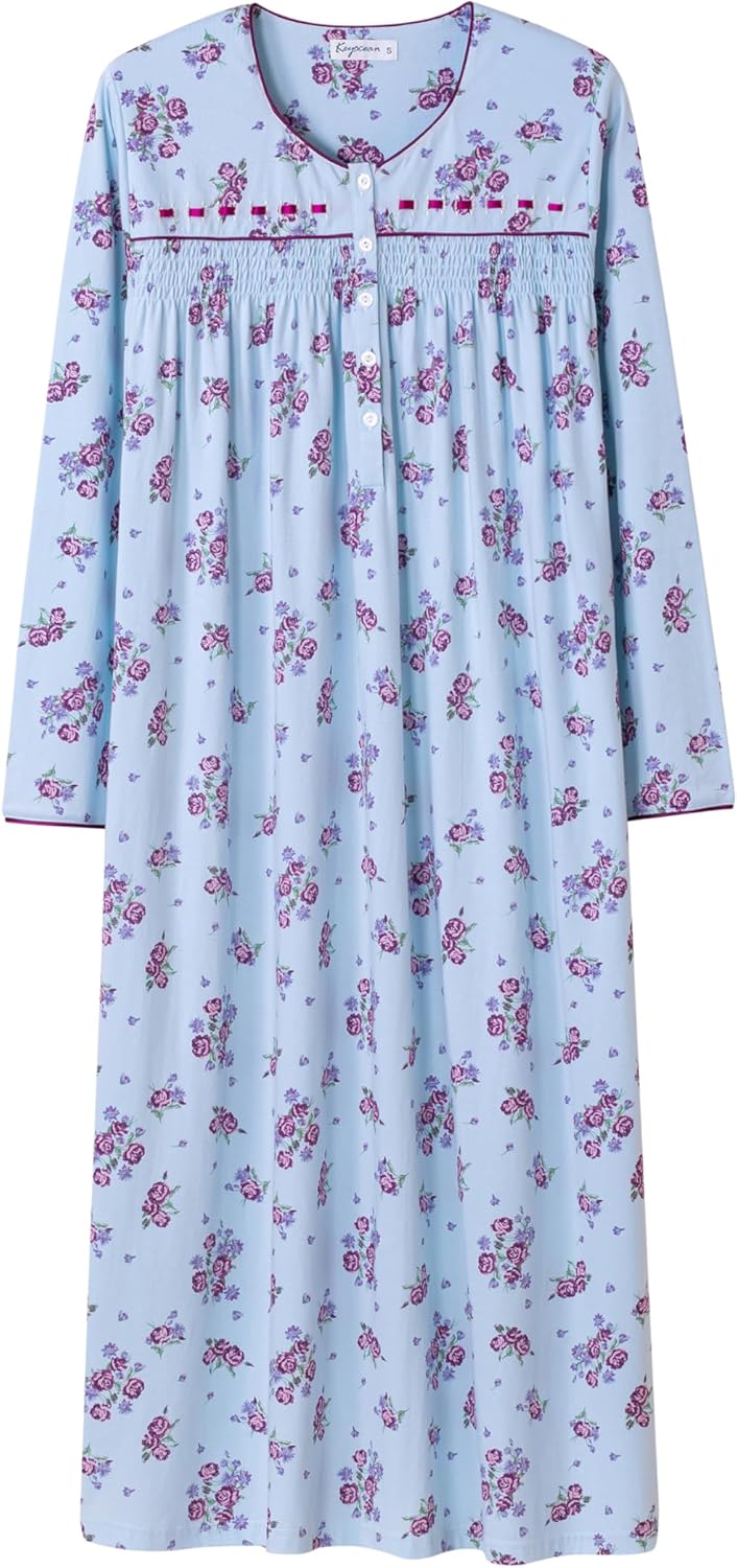 Keyocean Nightgowns for Women, Soft Cotton Comfy Lightweight Embroidered Long-sleeve Nightdress