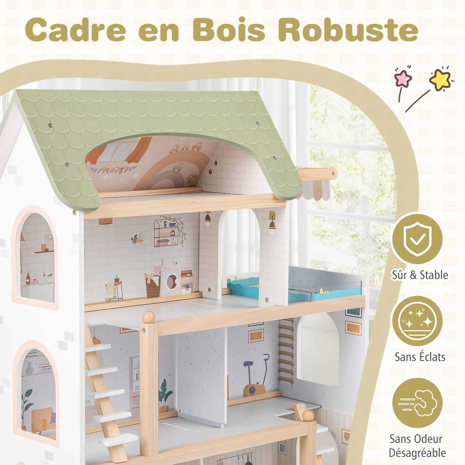 COSTWAY Maison de Poupée Fille en Bois à 4 Étages avec 7 Pièces et 33 Mobiliers, Maison de Rêve avec Escaliers Amovible & Motifs Mignons, Jeu d’Imitation pour 3 Ans+, 63x25x78 cm
