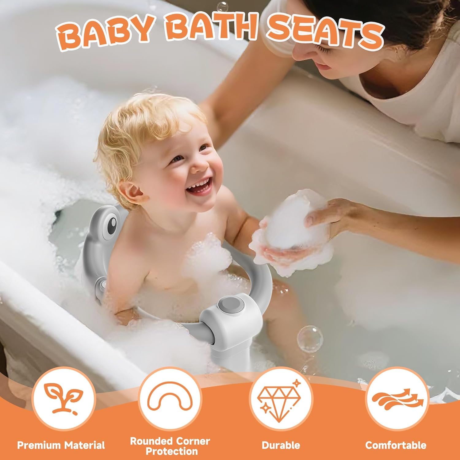 Asiento de Baño para Bebé 6-24 Meses, Silla Baño Bebe con 4 Fuertes Ventosas, silla de baño portátil para ducha o bañera, Respaldo Ergonómico, Regalo para Recién Nacidos y Nuevas Madres