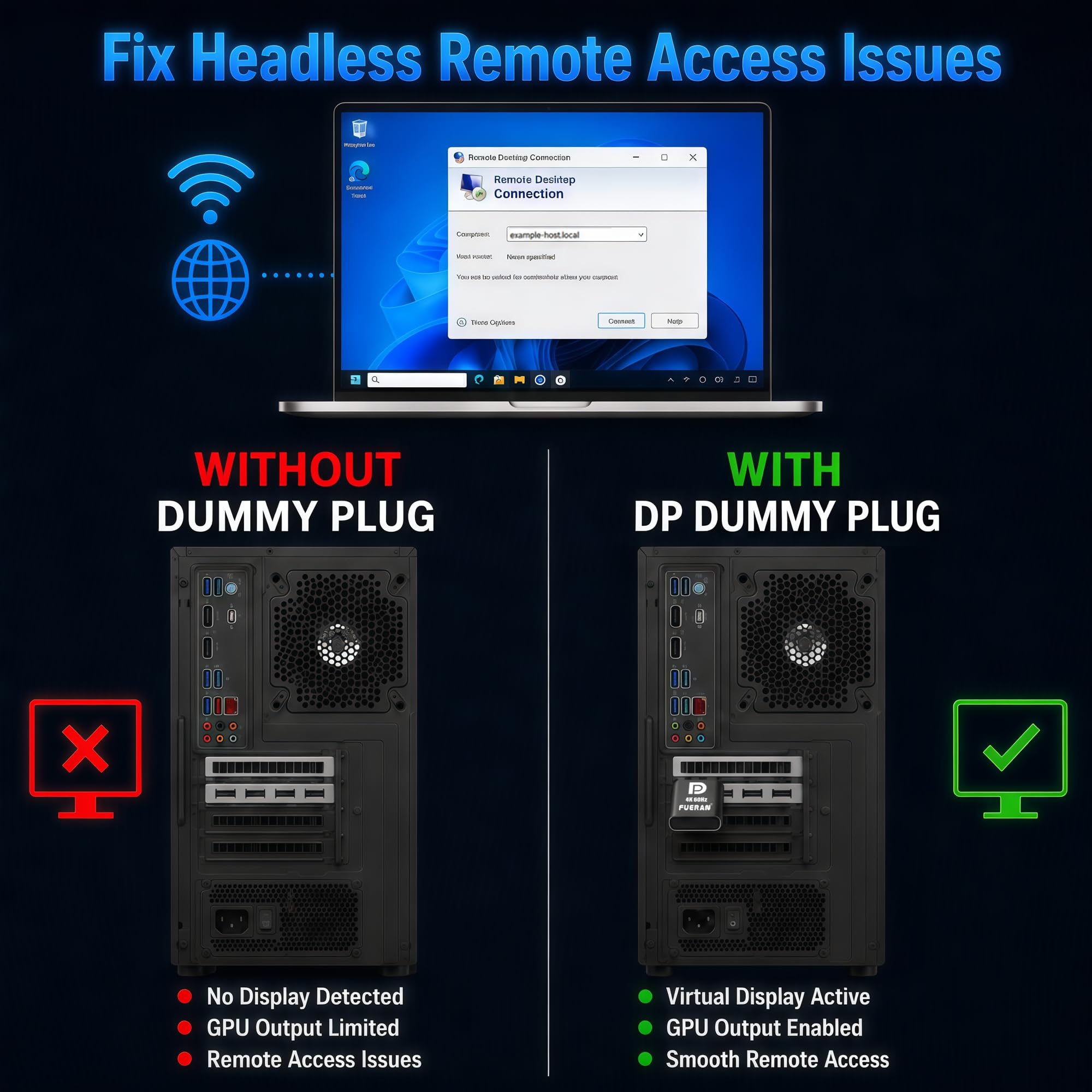 4K60Hz HDR DP Dummy Plug, 3840 x 2160 @ 60 Hz 1440P 120/144Hz 1080p 120/144/240Hz Virtual Display Emulator, displayport Dummy Plug, adapter wyświetlacza Headless Ghost, monitor EDID (3, czarny)