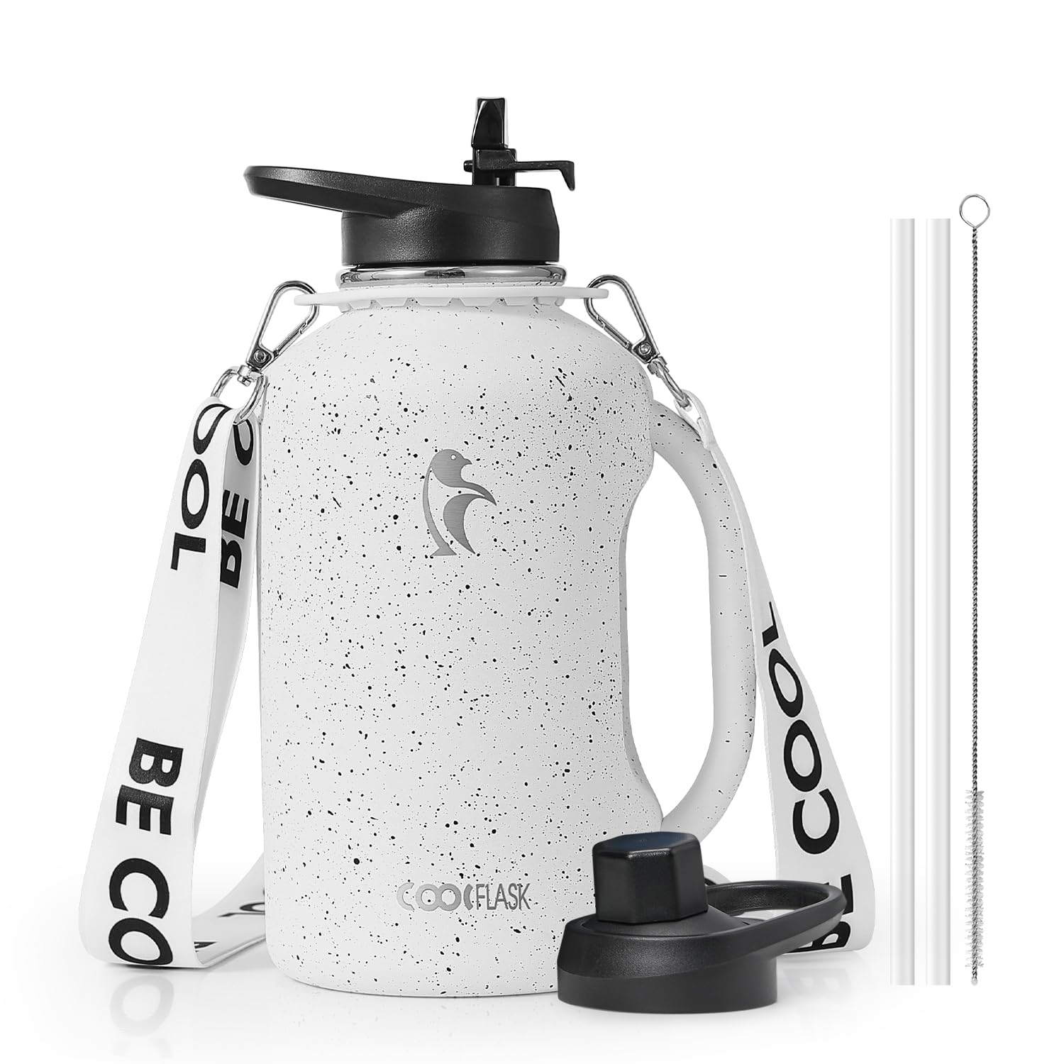 Coolflask Half Gallon Water Bottle with Straw, 1.2L Insulated Stainless Steel Water Jug with Handle Metal Double-Walled Vacuum Large Flask with Strap Leakproof, Keep Cold 48H Hot 24H, Arctic White