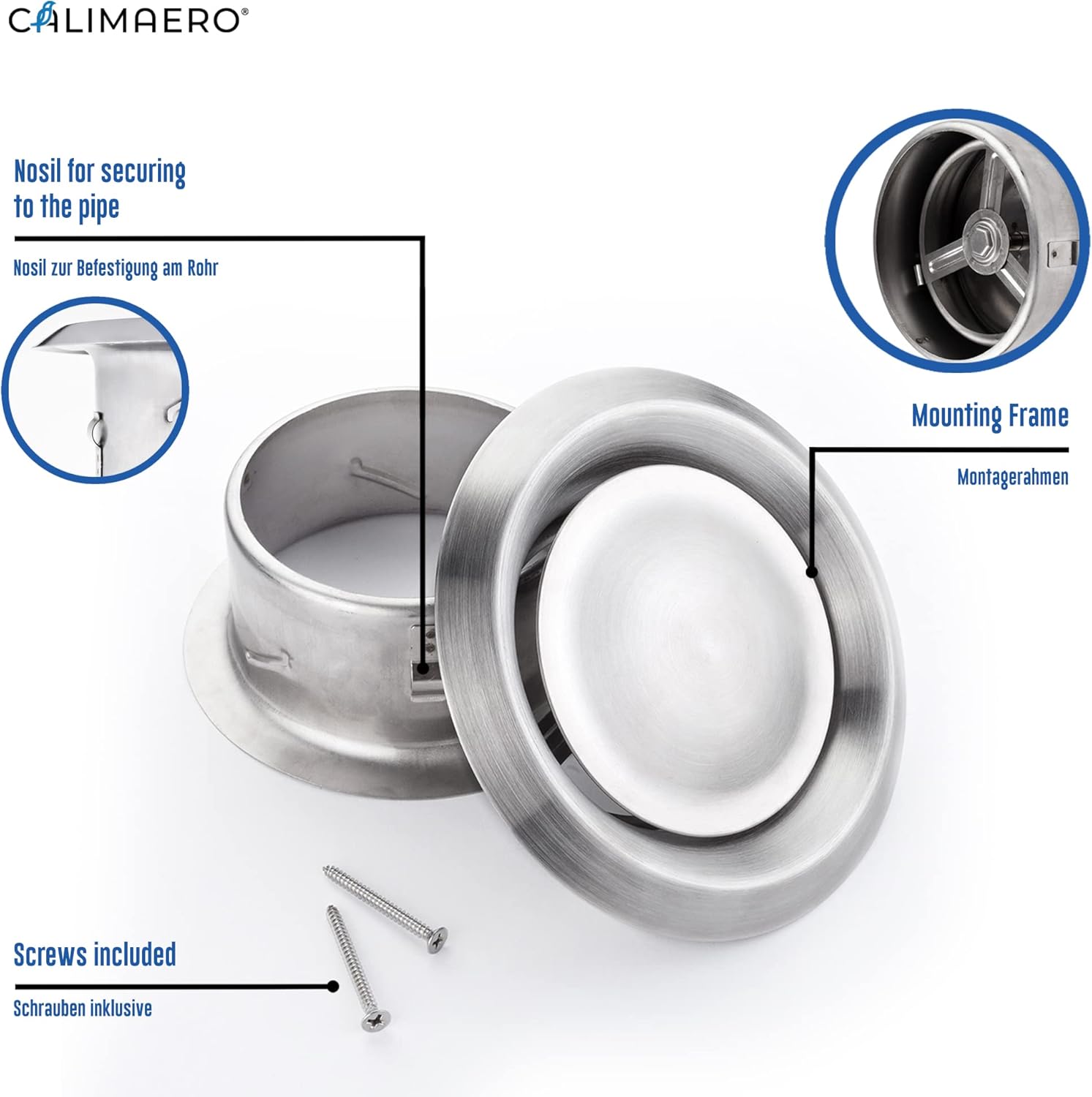 calimaero® TVE 4" Stainless Steel Vents, Round Adjustable Wall Air Vent Ventilation Cover Vents for HVAC Fits Only with Metal Ducts