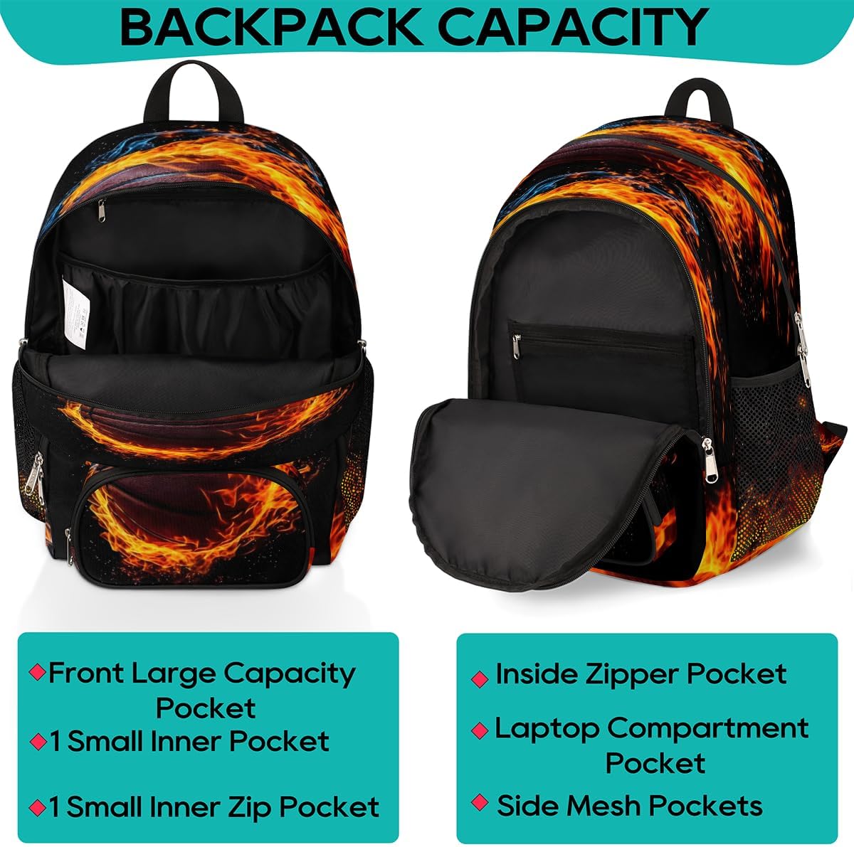 Flame Basketball Small Backpack for Women, Retro Basketball Travel Backpack Carry On Backpack Waterproof Backpack Cute Book Bags With Chest Strap for Women Men